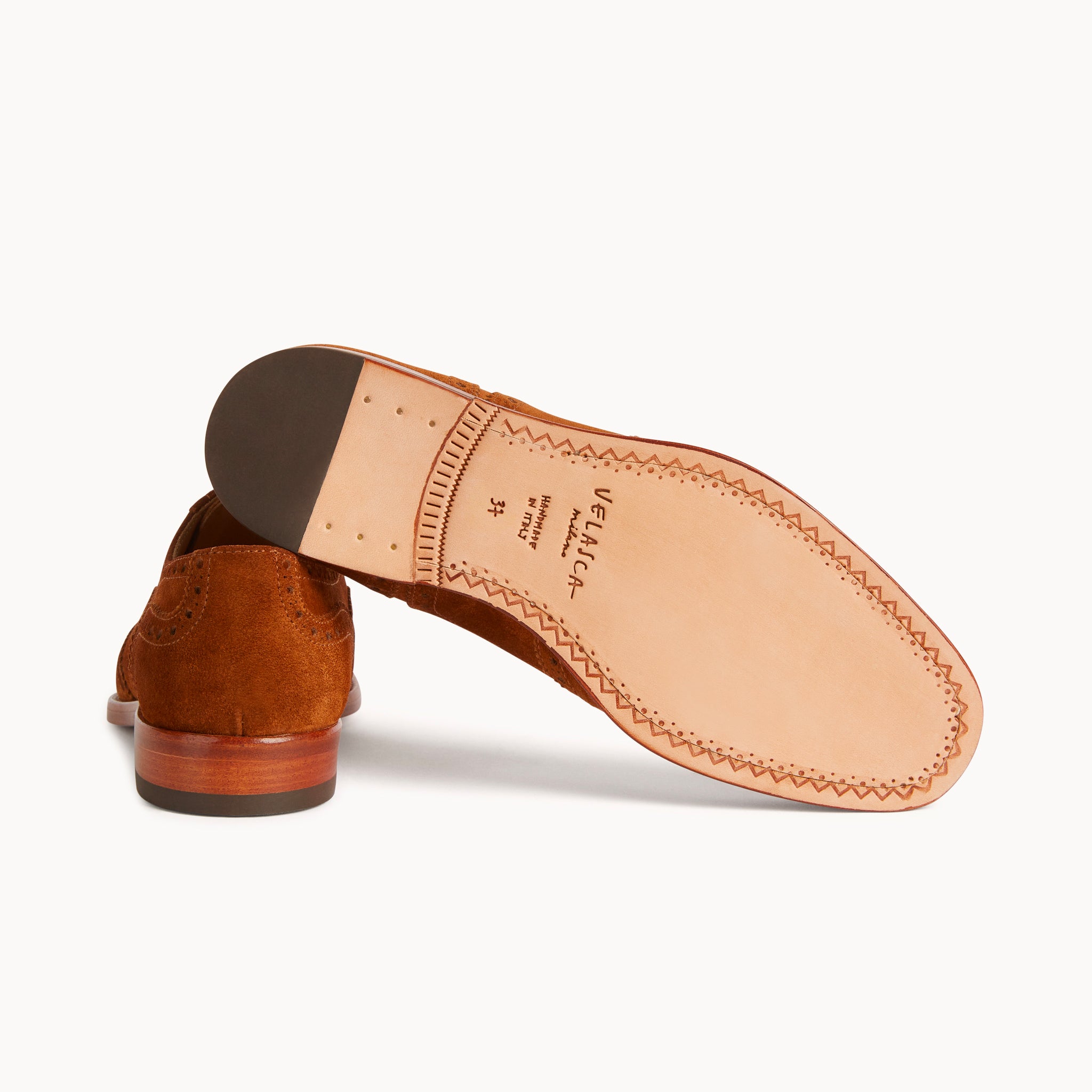 Velasca Women's suede Oxfords in tobacco colour, handcrafted